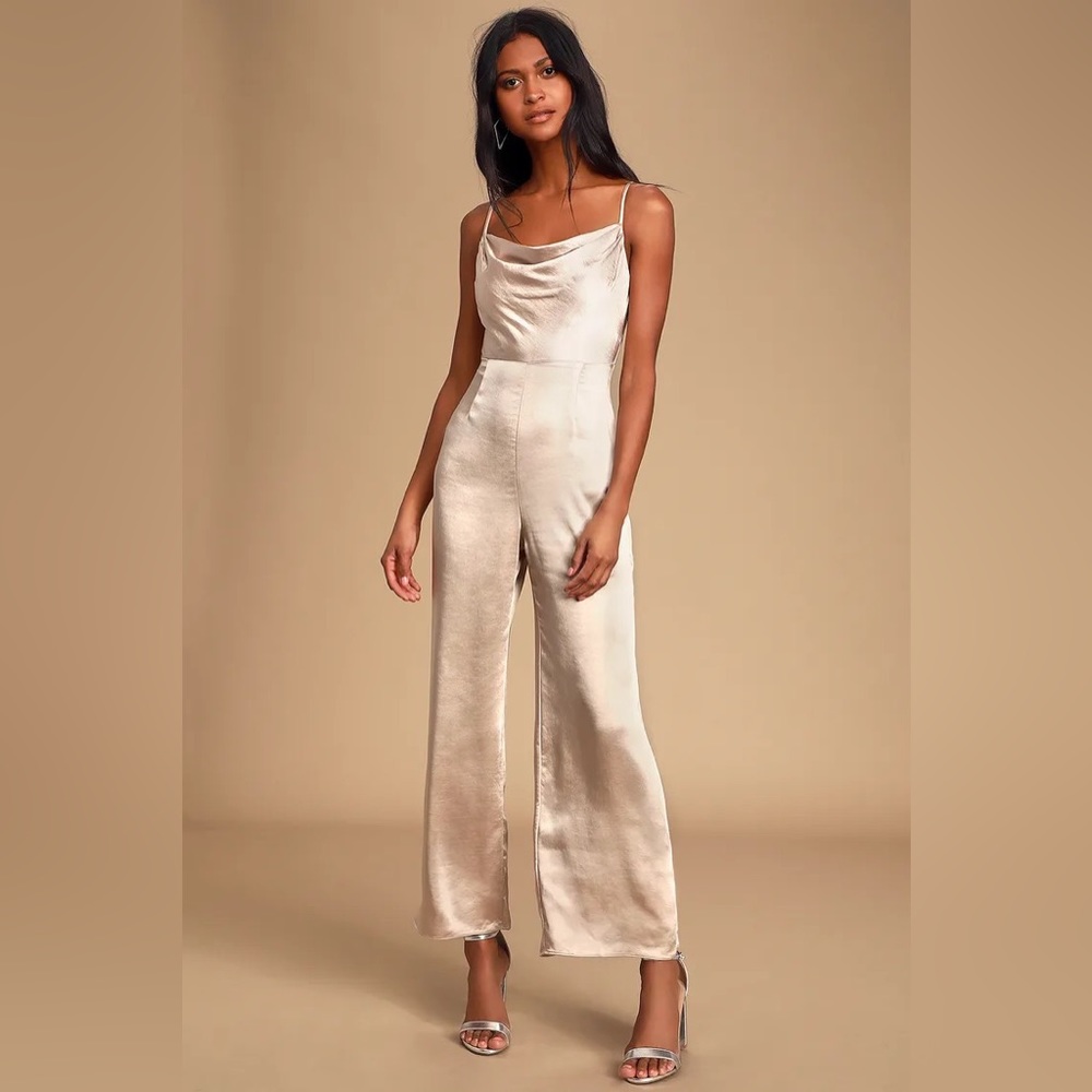 Lulus Perfect Night Champagne Satin Cowl Neck Culotte Jumpsuit size small